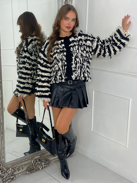 Soft Fluffy Loop Detail Cardigan - Black/Cream Mixed