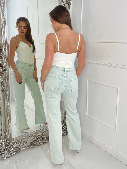 High Waist Pocket Front Jewelled Button Acid Wash Jeans - Mint