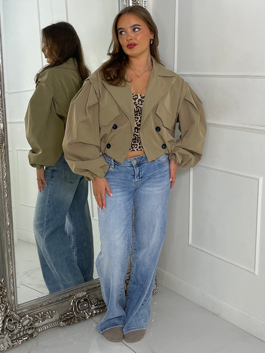Crop Balloon Sleeve Trench Jacket - Taupe