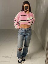 Striped Cropped Knitted Jumper - Pink