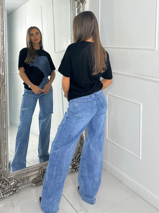 Blue Denim Print Oversized T-shirt - Black