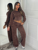 Cropped Zip Up Acid Wash Tracksuit - Chocolate
