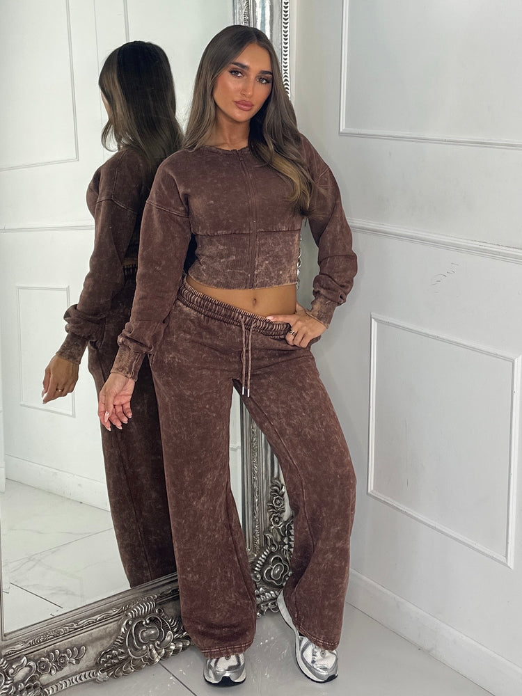 Cropped Zip Up Acid Wash Tracksuit - Chocolate