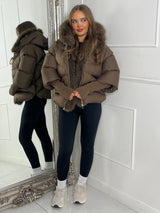 hooded puffer coat with faux fur trim - Brown
