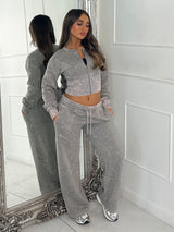 Cropped Zip Up Acid Wash Tracksuit - Dove Grey