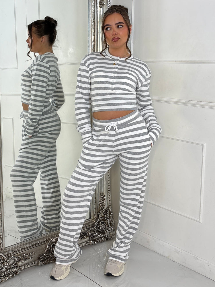 Ribbed Button Up Cinch Waist Co-Ord - Grey Stripe