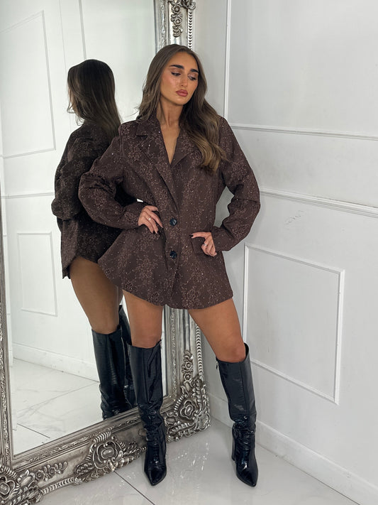 Lace Diamante Detail Oversized Blazer Dress - Brown