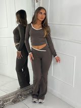 Crossover Ruched Bum Flares & Line Detail Long Sleeved Top - Chocolate