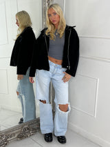 Collared Oversized Bomber Jacket - Black