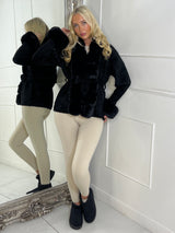 Faux Fur Trim Tie Belt Cardigan - Black