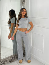 Heart Detail Crop Top & Wide Leg Pants Set - Grey
