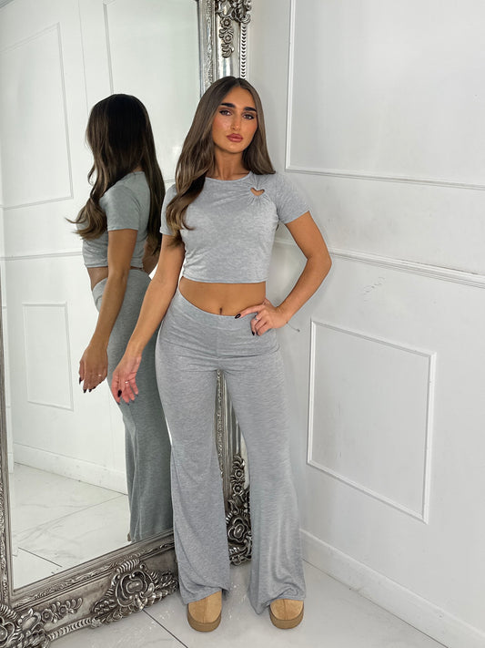 Heart Detail Crop Top & Wide Leg Pants Set - Grey