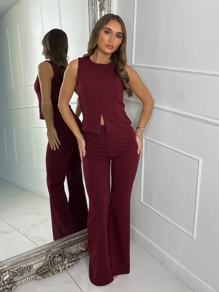 Button Slit Front Detail Waistcoat & Kick Flares Set - Wine