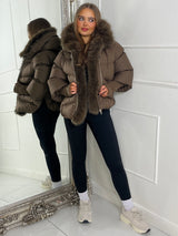 hooded puffer coat with faux fur trim - Brown