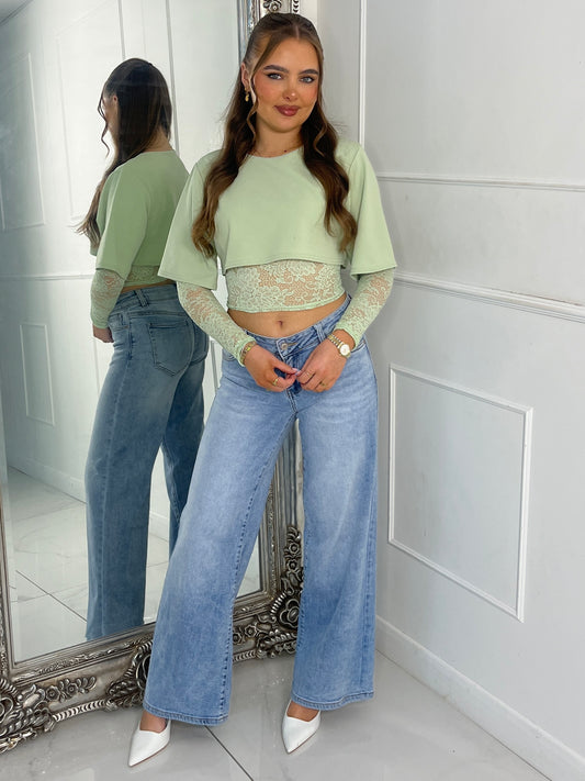 Round Neck Cropped Tee With Lace Bra Underlayer & Lace Sleeves - Sage Green