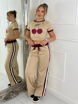 Cherry Tee & Side Stripe Trousers Co-Ord - Beige