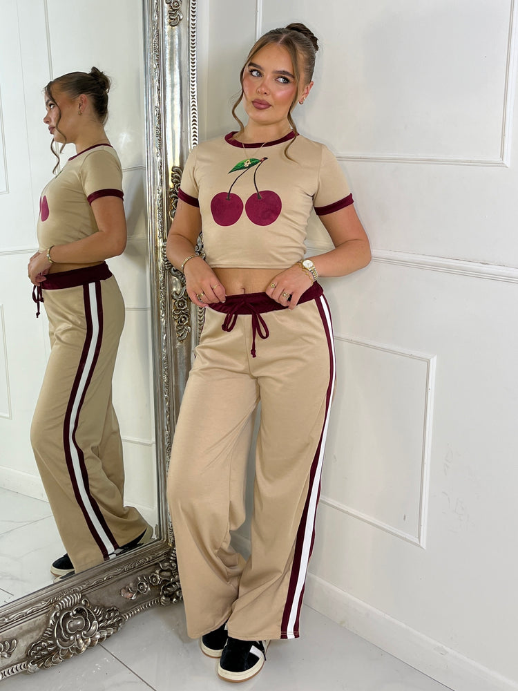 Cherry Tee & Side Stripe Trousers Co-Ord - Beige