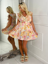 Frill Shoulder Sleeveless Printed Boho Summer Dress - Multi