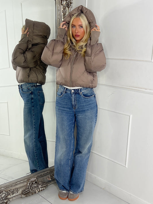 Puffer Coat With Detachable Hood - Taupe