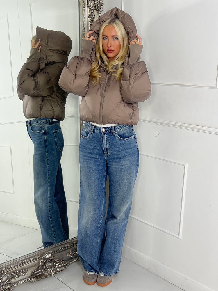 Puffer Coat With Detachable Hood - Taupe