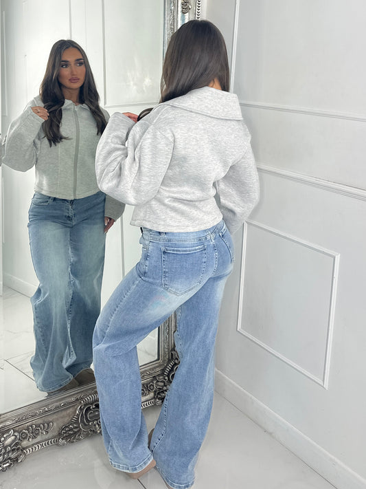 Zip Up Oversized Collar Jacket - Bleach Grey