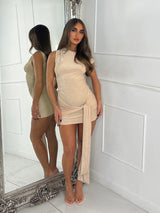 Off Shoulder Ruched Side Tie Drape Glitter Dress - Beige
