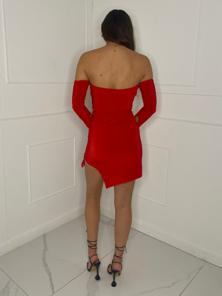 Side Ruched Off The Shoulder Dress - Red