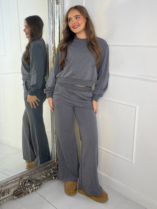 Diamante Studded Straight Leg Tracksuit - Grey