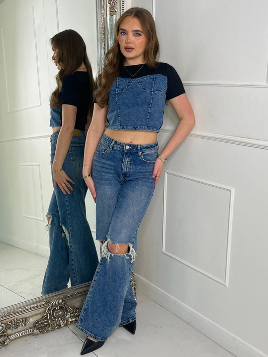 Blue Denim Corset Contrast Crop Tshirt - Black