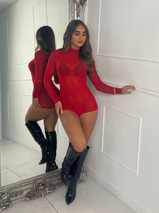High Neck Long Sleeve Mesh Diamante Playsuit - Red