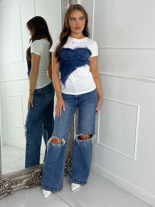 Blue Denim Frill Corset Contrast Tshirt - White