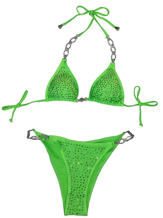 Rhinestone Detail Bikini - Neon Green