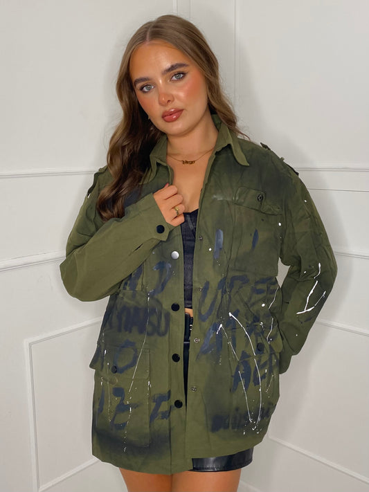 Oversized Graffiti Print Jacket - Khaki