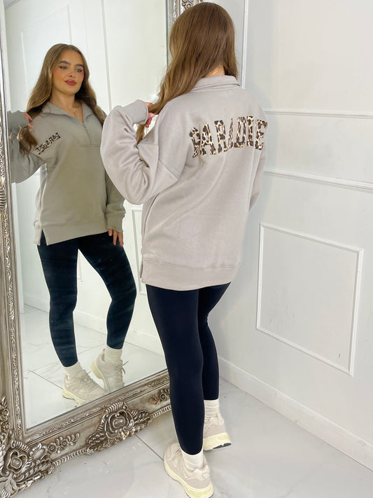 Paradise Leopard Print Half Zip Sweatshirt - Grey