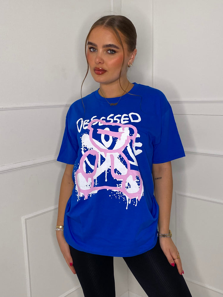 Obsessed Teddy Print T-shirt- royal blue
