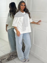 Tennis Style Oversized Tee with Overlay Detail - White/Grey