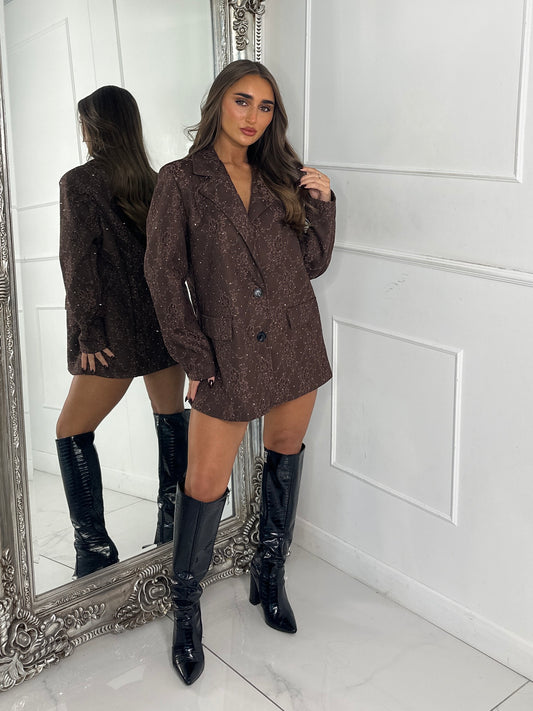 Lace Diamante Detail Oversized Blazer Dress - Brown