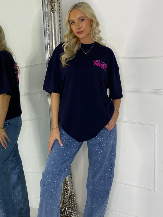 Ribbed Collar Oversized T-Shirt - Navy Not Your Angel Print