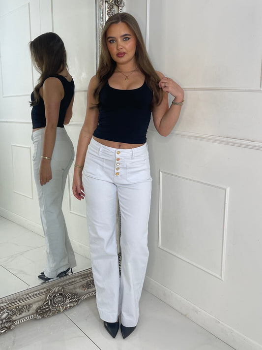High Waist Pocket Front Jewelled Button Jeans - White