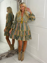 Embellished Tassle Detail Long Sleeve Boho Dress - Green Multi