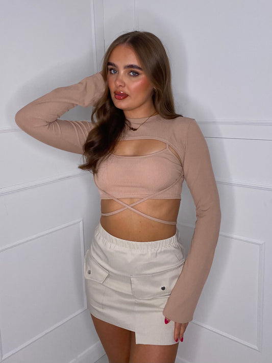 Two Piece Cut Out Crop Top - Beige