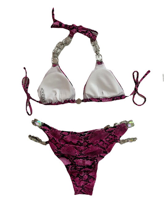 Jewelled Detail Snake Print Bikini - Hot Pink