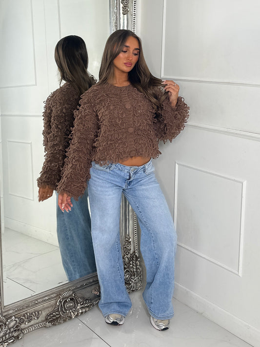 Soft Fluffy Loop Detail Cardigan - Brown