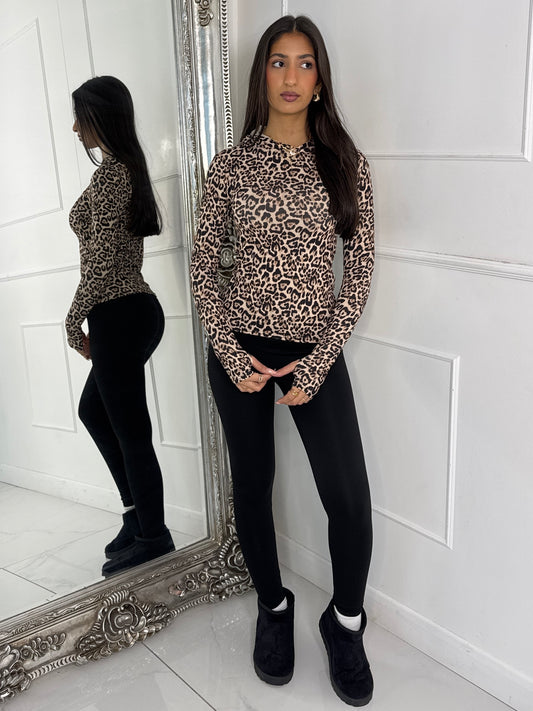 Long Sleeve Second Skin Hooded Top - Leopard Print