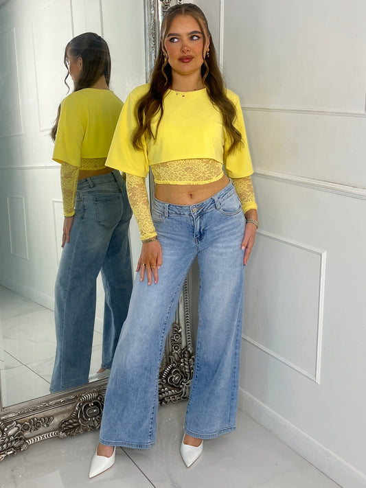 Round Neck Cropped Tee With Lace Bra Underlayer & Lace Sleeves - Yellow