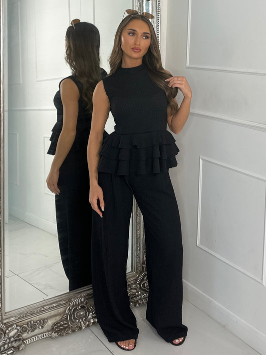 Cheesecloth Ruffle Top & Straight Leg Pants Co-Ord - Black