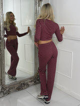 Striped Long Sleeve Top & Wide Leg Pants Co-Ord - Wine/White