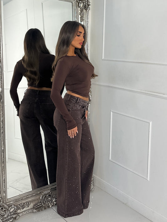 Asymmetric Waist Ombre Diamante Detail Wide Leg Jeans - Brown