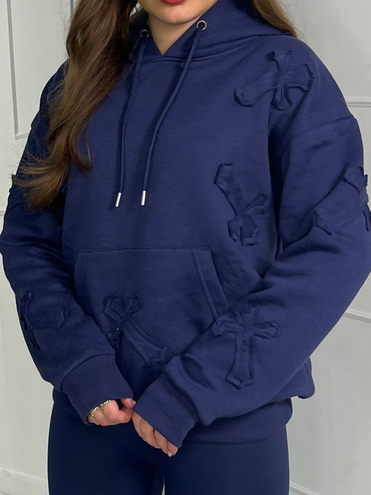 Embroidered Cross Hoodie - Navy