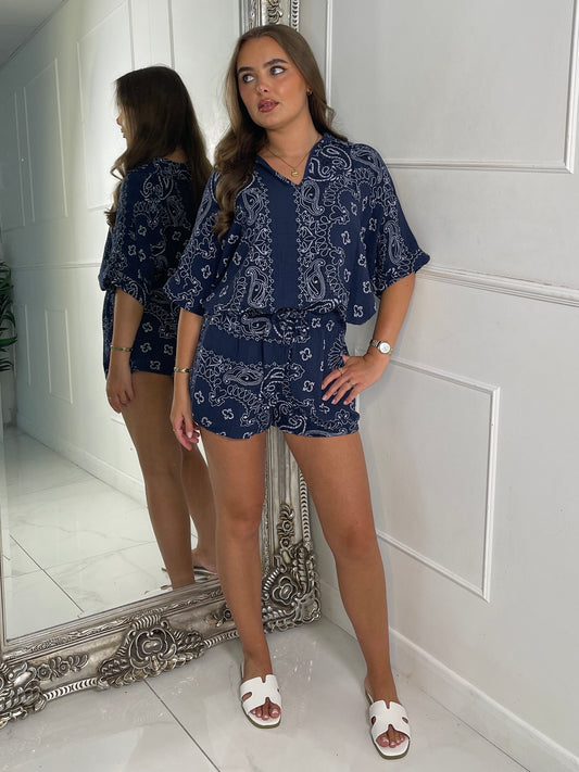 Paisley Print Collared Top & Shorts Set - Navy